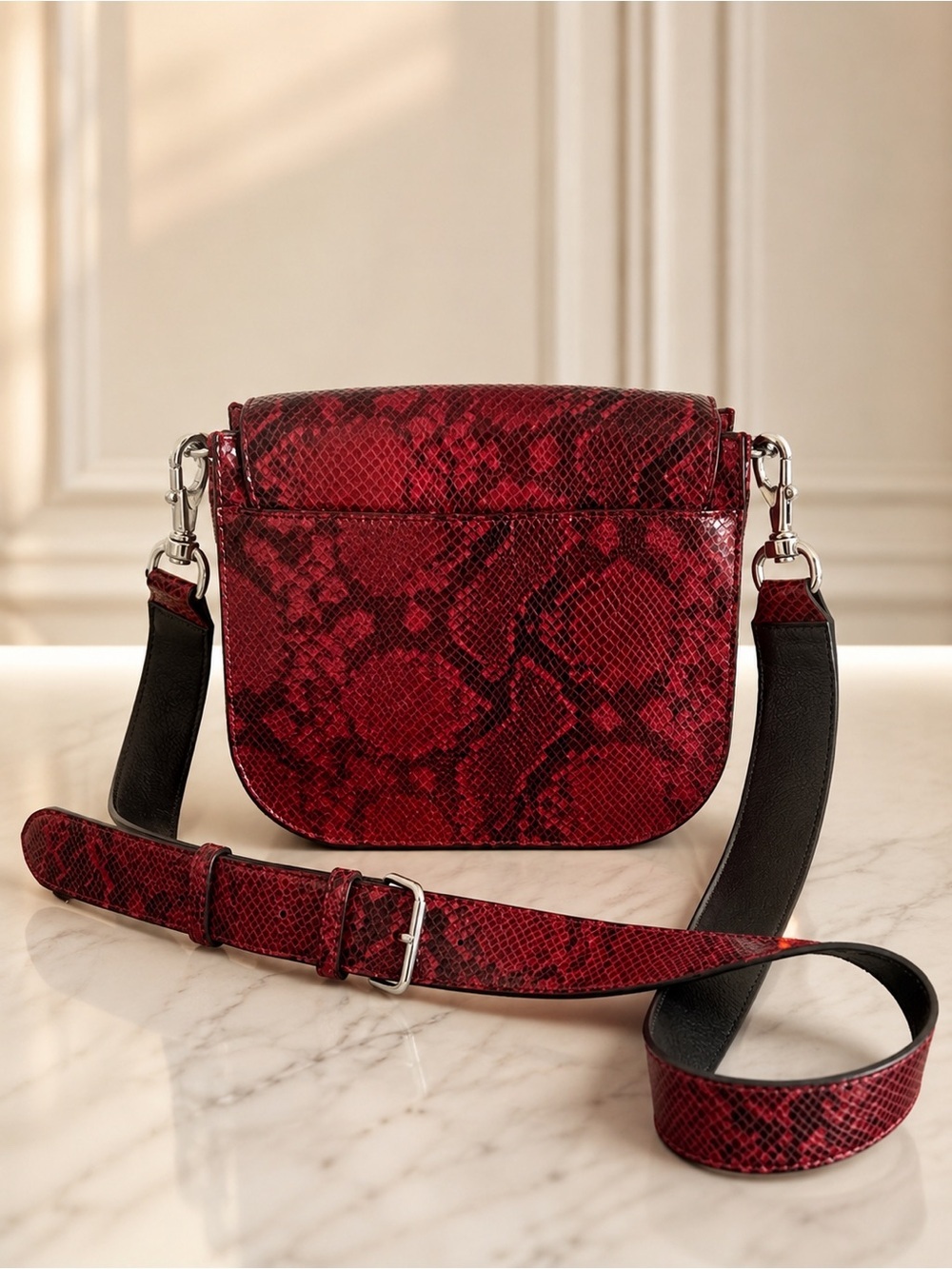 Rebecca Minkoff Red Embossed Leather Crossbody Snake Print saddle Bag